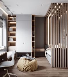 a bedroom with a bed, desk and shelves on the wall next to each other