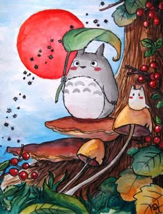 a painting of a totoro sitting on top of a mushroom covered tree trunk