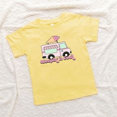 Looking for a cute tee for your kids? We have the perfect Keepin' It Cool Truck graphic tee addition to their closet! Also available in youth tees. Short Sleeve T-shirt For School In Summer, Playful Summer T-shirt For School, Family Matching Cartoon Print T-shirt For Summer, Spring Graphic Print T-shirt For School, Playful Short Sleeve Graphic T-shirt, Playful Short Sleeve T-shirt With Letter Print, Yellow Cartoon Print T-shirt For Summer, Family Matching Summer T-shirt With Screen Print, Summer School T-shirt With Character Print