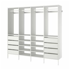 a white bookcase with drawers and shelves on it's sides, against a white background