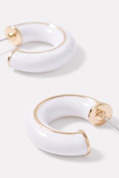 These EVEREVE hoops will add a chic touch to any day-to-night look, featuring white enamel coating and 14k gold plated detailing. | EVEREVE Women's Jillian Enamel Hoop Earrings, White Trendy White Enamel Earrings, Modern White Metal Hoop Earrings, Modern White Hoop Jewelry, White Enamel Hoop Earrings For Gifts, Modern Small Hoop White Earrings, Trendy White Enamel Jewelry, Modern White Small Hoop Earrings, Everyday White Metal Hoop Earrings, White Metal Hoop Earrings