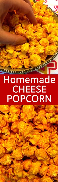 homemade cheese popcorn on a plate with the words homemade cheese popcorn in front of it