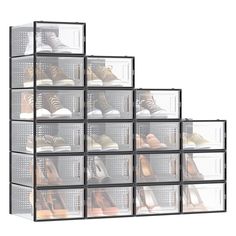 several clear bins filled with shoes on top of each other and stacked up against the wall