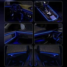 the interior of a car with blue lights and dashboard controls, including an electronic console