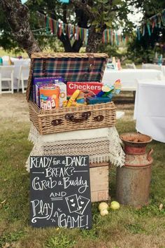 a picnic basket is sitting on top of a sign