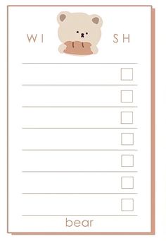 a bear themed wish card with the words wish and an image of a teddy bear on it