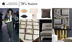 a collage of photos with gold and black accents, including a chair, rugs, pillows, lamps, and other items