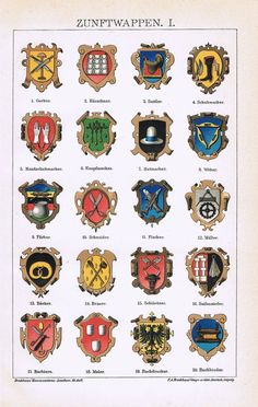 an old poster with many different types of emblems