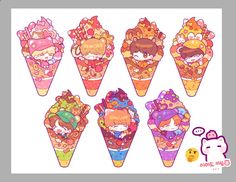 six ice cream cones with different cartoon characters on the top one is pink, orange and purple