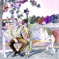 a painting of a man and woman sitting on a bench in front of a park