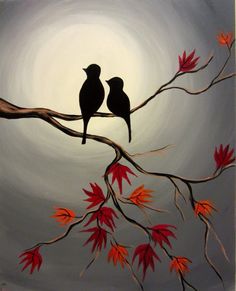 two birds sitting on a branch with red leaves in front of a gray sky and moon