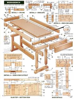 the plans for a workbench table and bench are shown in this manual book