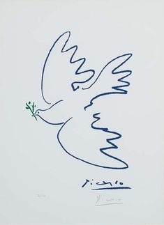 a drawing of a white dove with a green twig in it's beak