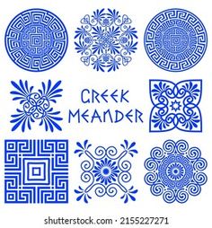 a set of blue and white greek meander designs