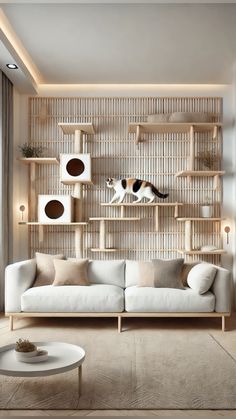 a cat sitting on top of a white couch in front of a wall with shelves