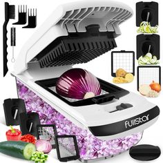 an onion slicer is shown with all the ingredients