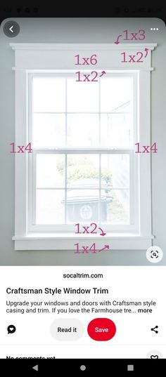 a window with measurements for the size and width of it in front of a white wall