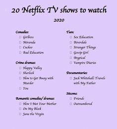 a list with the words netflix shows to watch in black and white on purple background