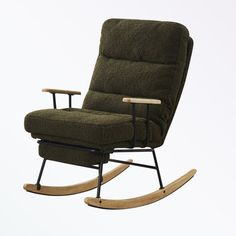 a rocking chair with a wooden base and seat in the shape of a recliner