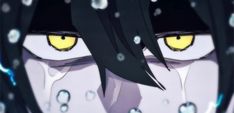 an anime character with yellow eyes and long black hair looking at the camera while covered in snow