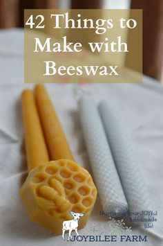 three different types of beeswax sitting on top of a white tablecloth with text overlay that reads 42 things to make with beeswax