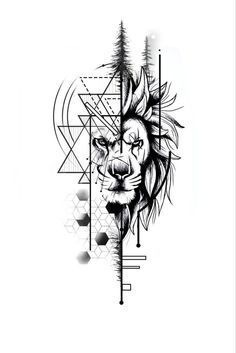 a black and white drawing of a lion's head with geometric shapes in the background