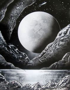 an artistic scene with mountains and planets in black and white, as well as the moon