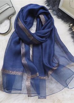 Fashion Versatile Blue Gold Border Silk ScarfMade of fine Silk blended.Measurement: 200cm/78" * 80cm/31.2". Matches easily with daily hairstyle, dresses & Shirts Silk Scarf Fashion, Silk Scarf Style, Daily Hairstyles, Scarf Fashion, Gold Border, Nike Outfits, Summer Tops, Scarf Styles, Colorful Fashion