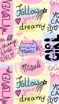 the words are written in different colors and sizes, including pink, blue, yellow, black