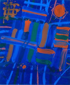 an abstract painting with blue, orange and green colors