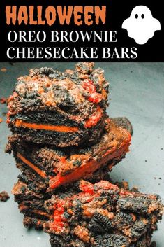 halloween oreo brownie cheesecake bars stacked on top of each other with the title overlay