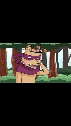 a cartoon character wearing a purple outfit in the woods with trees and stars on his face