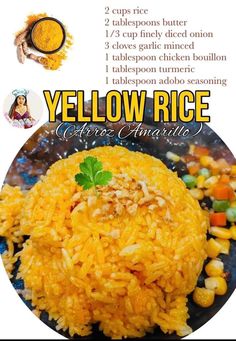 yellow rice on a plate with corn and carrots next to it is an info sheet describing the ingredients