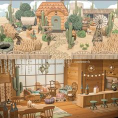 two different views of a living room and dining area in an animated style with cactus trees