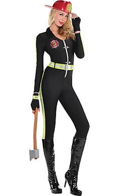 a woman in a black and green costume is holding an ax while standing on a white background