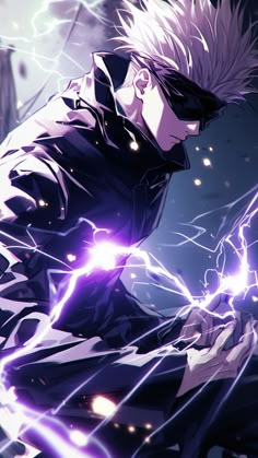 an anime character with purple hair and lightning in his hands, looking at the camera