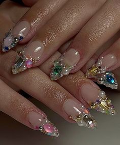 unique gem rhinestone nails pearls 3d french tip almond nail design Gem Tip Nails, Nail Design With Gems, Nails Gems Rhinestones, Bling Almond Nails, Full Bling Nails, Bling Bling Nails, Gems Nails, Nails With Bling