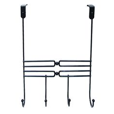 a black metal rack with two hooks on it