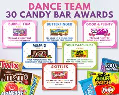 an advertisement for the softball team to candy bar awards, featuring six different flavors