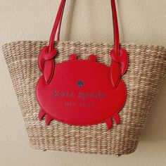 Gorgeous New Kate Spade New York Beach Bag Chic Red Straw Bag With Braided Handles, Red Shoulder Bag With Removable Pouch For Beach, Red Double Handle Beach Bag For Travel, Red Bucket Beach Bag For Travel, Red Top Handle Beach Bag, Red Top Handle Straw Bag For Vacation, Red Top Handle Shoulder Bag For Beach, Red Top Handle Straw Bag For Travel, Chic Red Straw Bag For Shopping