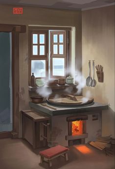 a painting of a stove with steam coming out of it and cooking utensils on the counter