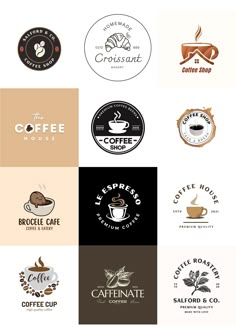 the logos for coffee shops and restaurants are shown in different colors, shapes and sizes