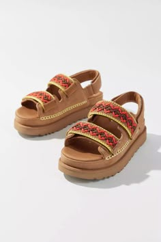 UGG Goldenstar Embroidered Suede Sandal | Urban Outfitters Ugh Sandals, Library Clothes, Slippers Heels, Sneakers Slippers, Ugg Sandals, Cozy Boots, Sandals Outfit, Shoe Inspo, Granola Girl