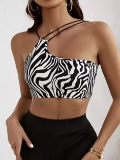 SHEIN SXY Zebra Striped Asymmetrical Neck Crop Cami Top | SHEIN USA Crop Top Outfits Summer, Summer Crop Tops, Crop Top Outfits, Cropped Cami, Cami Crop Top, Cami Tops, Look Fashion, Fashion Inspo Outfits