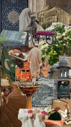 a collage with many different pictures and people in the background, including an umbrella