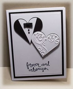 a white card with two hearts and a black bow tie on it that says, forever and always