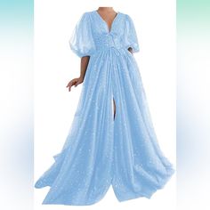 A V-Neck Sparkle, Silver Starry, Tulle Powder Blue Prom Dress, Formal Gown, Or Evening Dress With Puff Sleeves And Hidden Pockets. It’s A Gorgeous Full-Length A-Line Dress With A Long Slit And Lace Up Back. Never Warn. Nwt Powder Blue Prom Dress, Blue Prom Dress, Dress With Puff Sleeves, Formal Gown, Blue V, Prom Dresses Blue, Dress Formal, Formal Gowns, Powder Blue