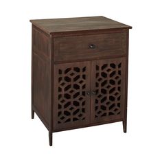 a wooden cabinet with an intricate design on the front and side doors, in dark brown