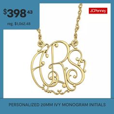 Elegantly sculpted in an ivy font, your initials form this pretty monogram necklace. Must be three initials. Made in America.Pendant Size: 20mm longPersonalize: 3 script letters. Initials will appear exactly as entered; center initial will be enlarged.Features: Monogrammable, Personalized, InitialsMetal Color: YellowChain Length: 18 InchChain Width: .85 MillimetersChain Construction: RopeMetal: 10k GoldNecklace Type: Pendant NecklacesAssembled in the US from Imported Materials Pretty Monograms, Script Letters, Script Lettering, Initial Pendant Necklace, Monogram Necklace, Initial Pendant, Monogram Initials, Made In America, In America