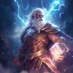 an image of a man in the clouds holding a crystal cube with lightning behind him